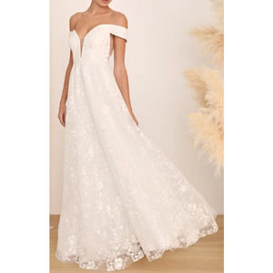 LULU'S S White Fairytale Love Story Lace Off-the-Shoulder Neck Maxi Dress B52